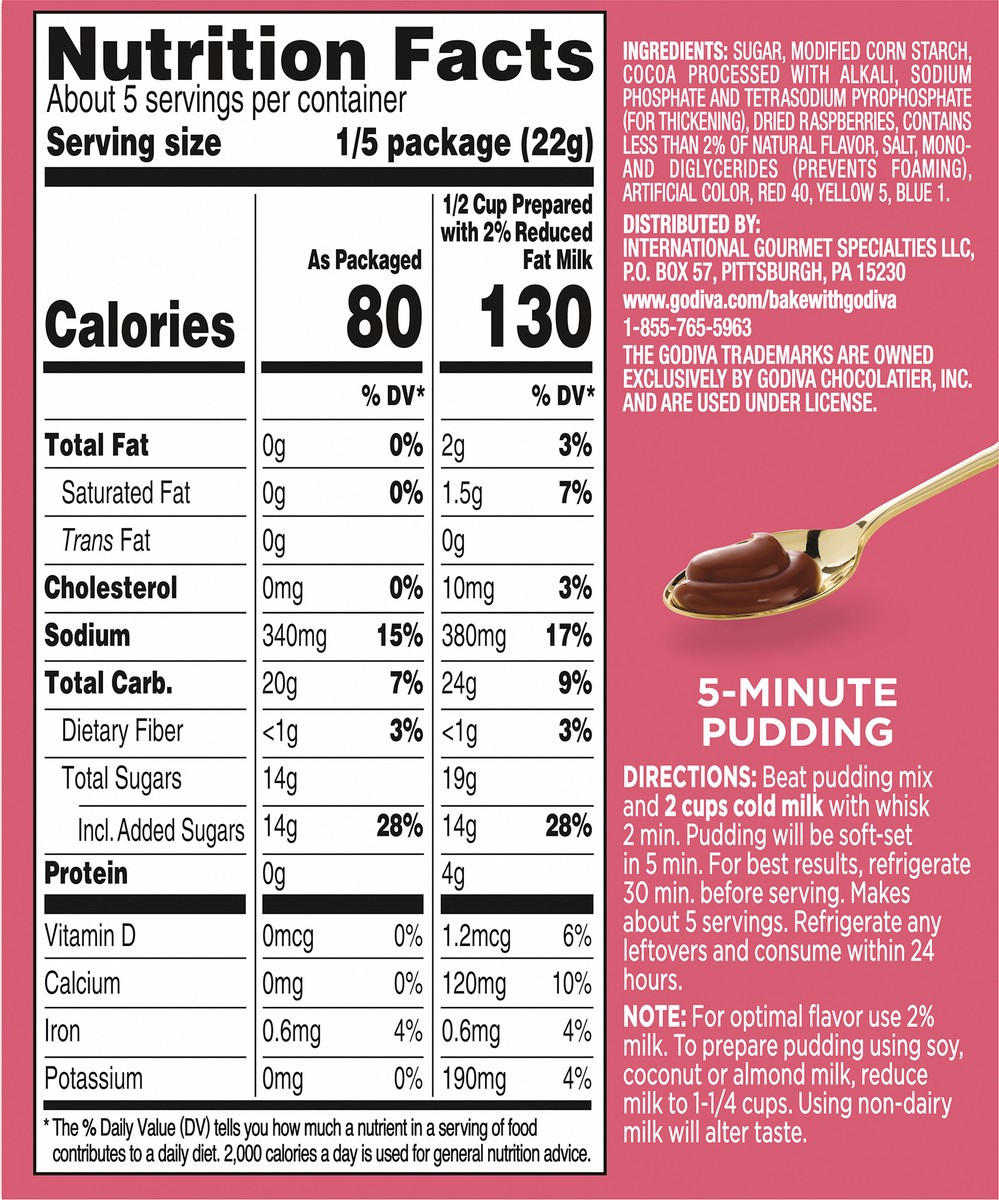 slide 8 of 14, Godiva Chocolate Pudding with Real Dried Raspberries Instant Pudding Mix, 3.88 oz Box, 3.88 oz