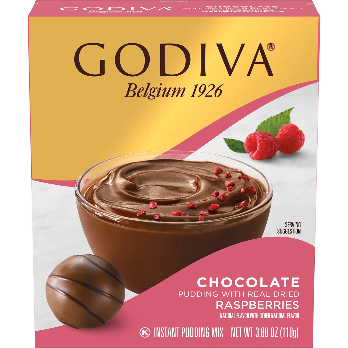 slide 1 of 14, Godiva Chocolate Pudding with Real Dried Raspberries Instant Pudding Mix, 3.88 oz Box, 3.88 oz