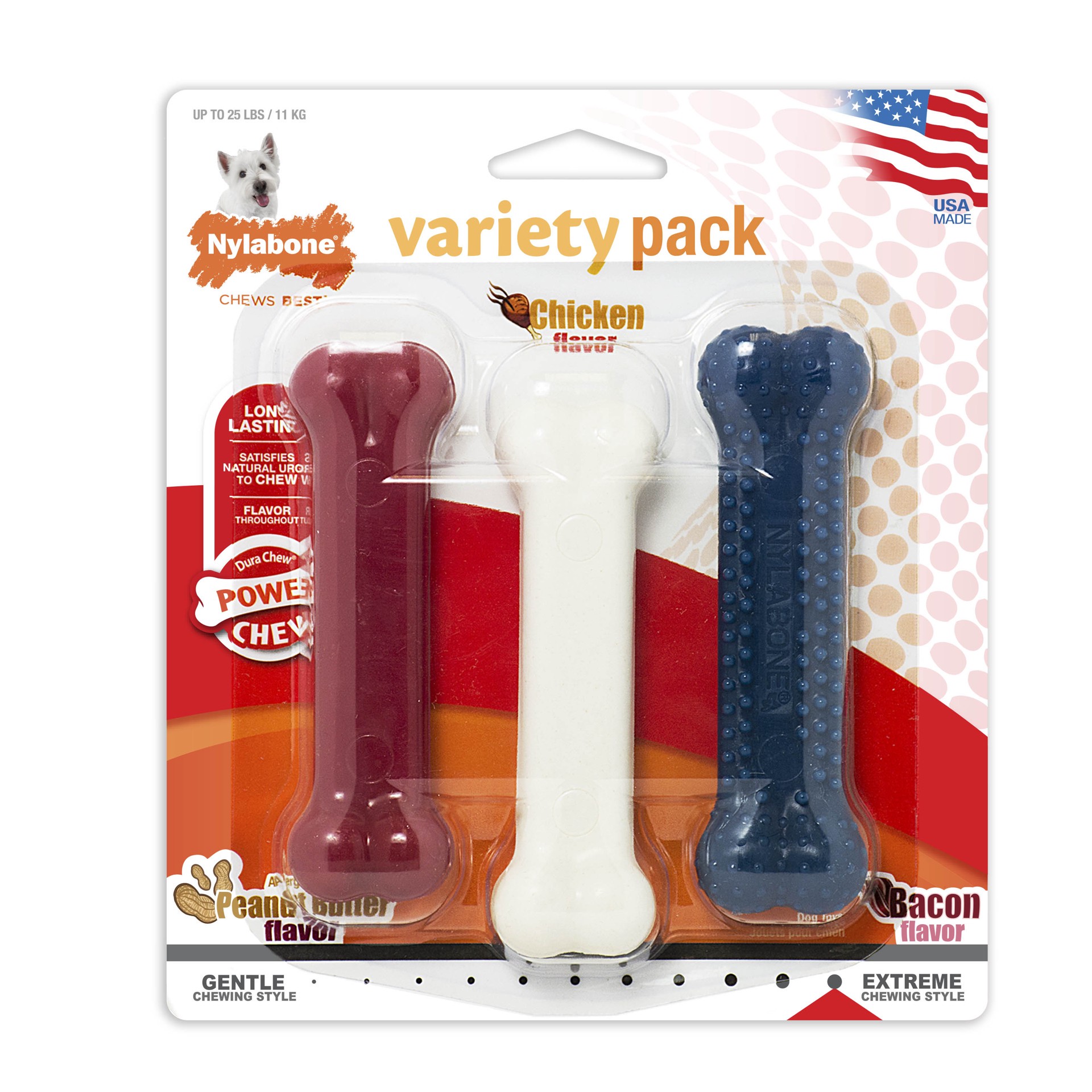 slide 1 of 10, Nylabone Power Chew Variety Triple Pack Chicken, Bacon & Peanut Butter Small/Regular - Up to 25 Ibs.(3 Count), SM