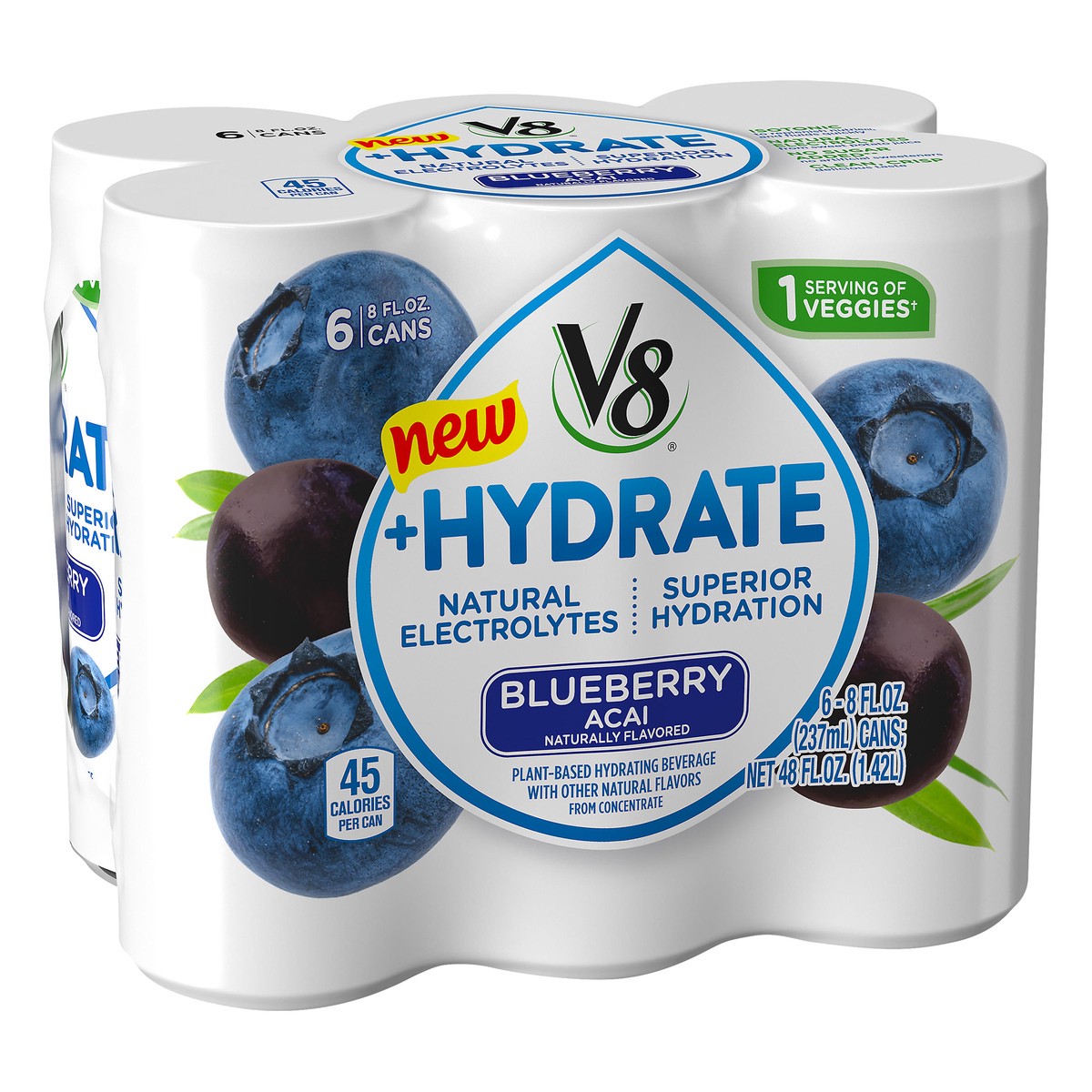 slide 7 of 9, V8 +Hydrate Plant-Based Hydrating Beverage, Blueberry Acai, 8 oz. Can (Pack of 6), 48 oz