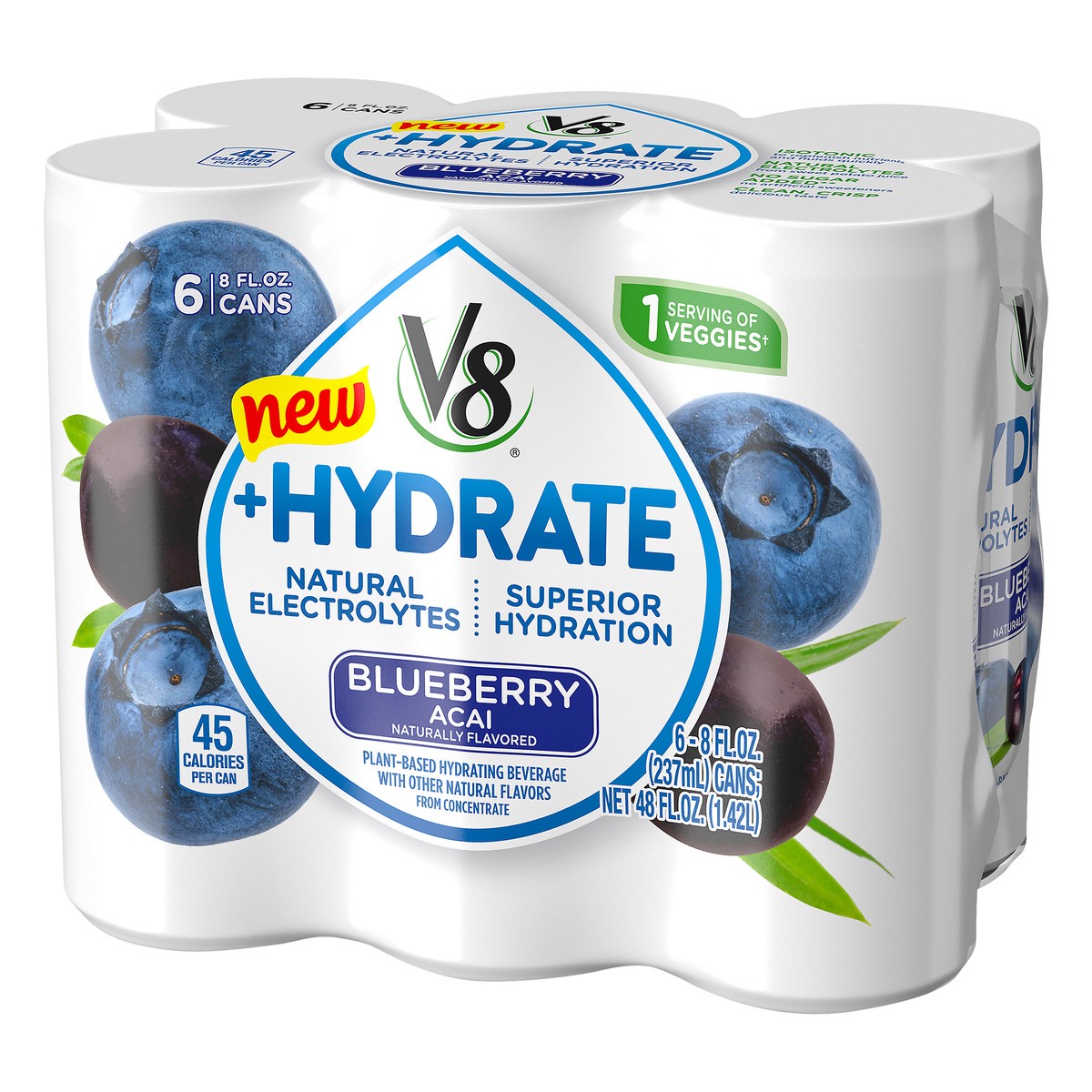 slide 9 of 9, V8 +Hydrate Plant-Based Hydrating Beverage, Blueberry Acai, 8 oz. Can (Pack of 6), 48 oz