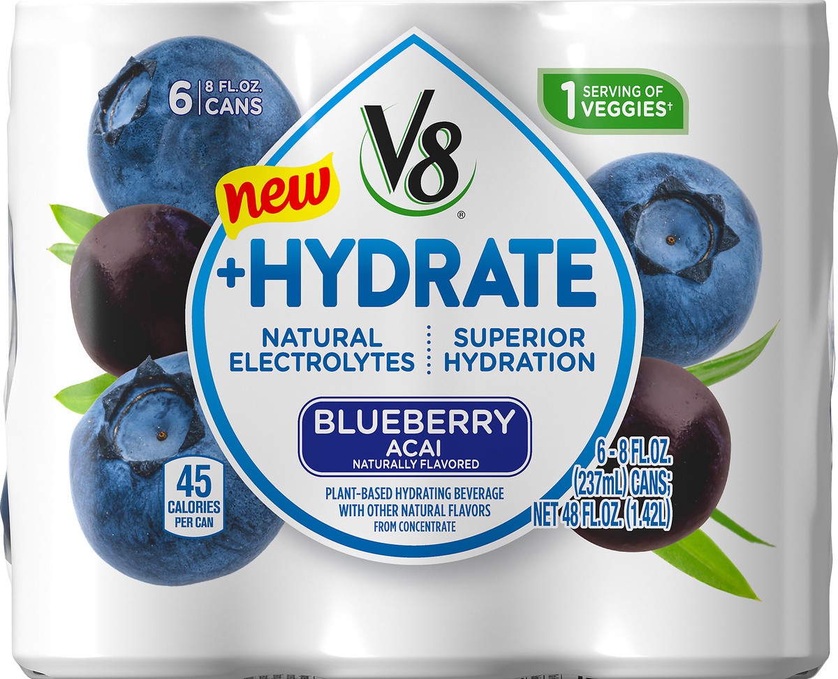 slide 8 of 9, V8 +Hydrate Plant-Based Hydrating Beverage, Blueberry Acai, 8 oz. Can (Pack of 6), 48 oz