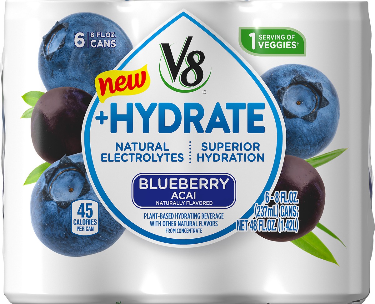 slide 3 of 9, V8 +Hydrate Plant-Based Hydrating Beverage, Blueberry Acai, 8 oz. Can (Pack of 6), 48 oz