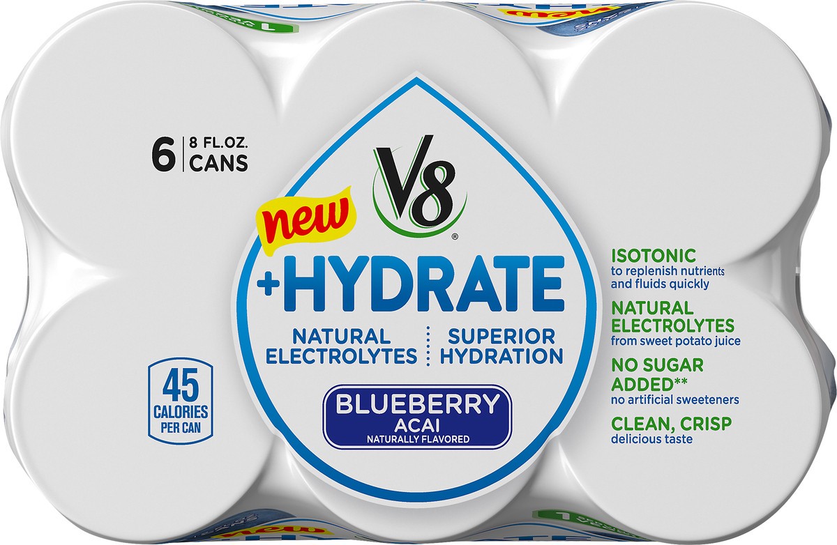 slide 6 of 9, V8 +Hydrate Plant-Based Hydrating Beverage, Blueberry Acai, 8 oz. Can (Pack of 6), 48 oz