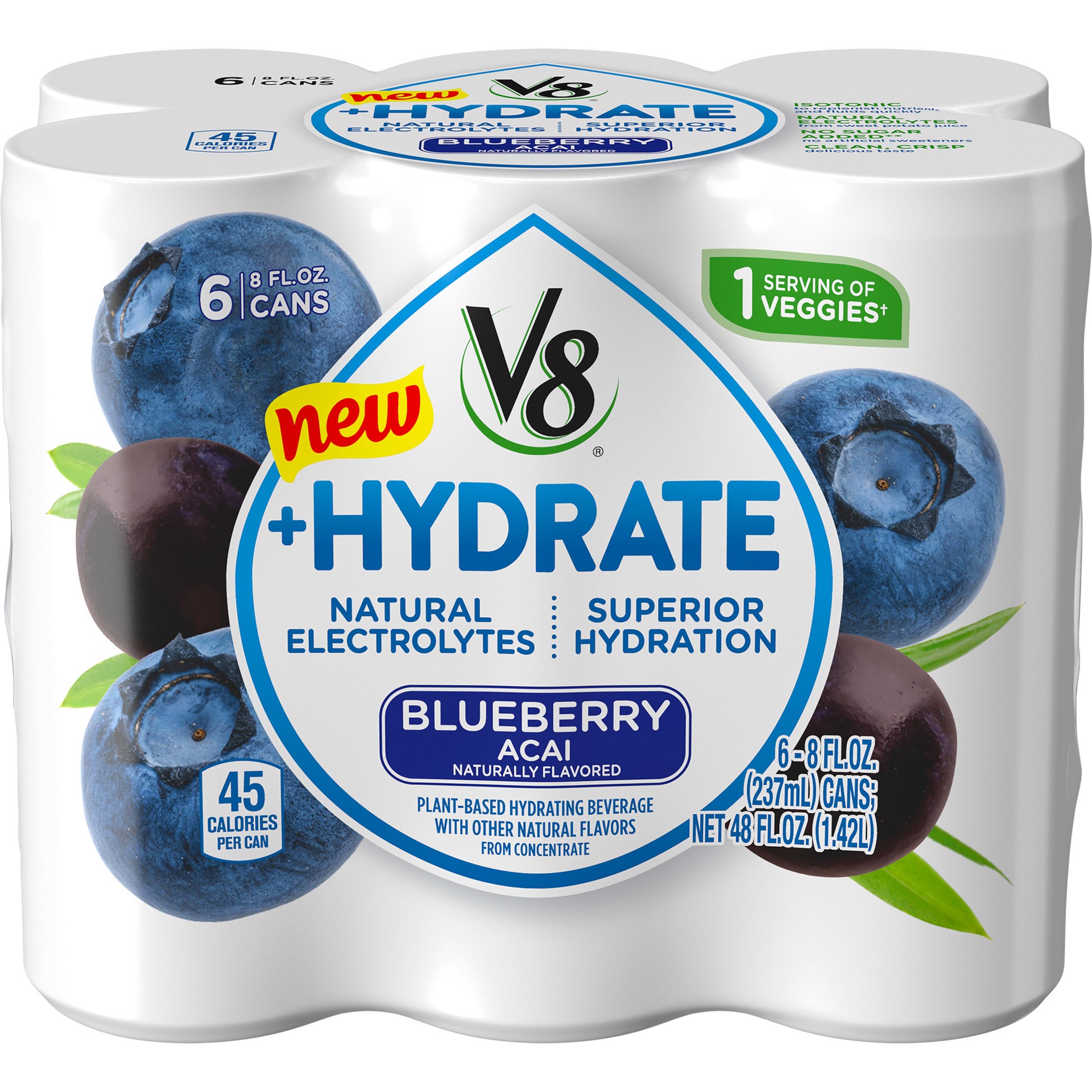 slide 1 of 9, V8 +Hydrate Plant-Based Hydrating Beverage, Blueberry Acai, 8 oz. Can (Pack of 6), 48 oz