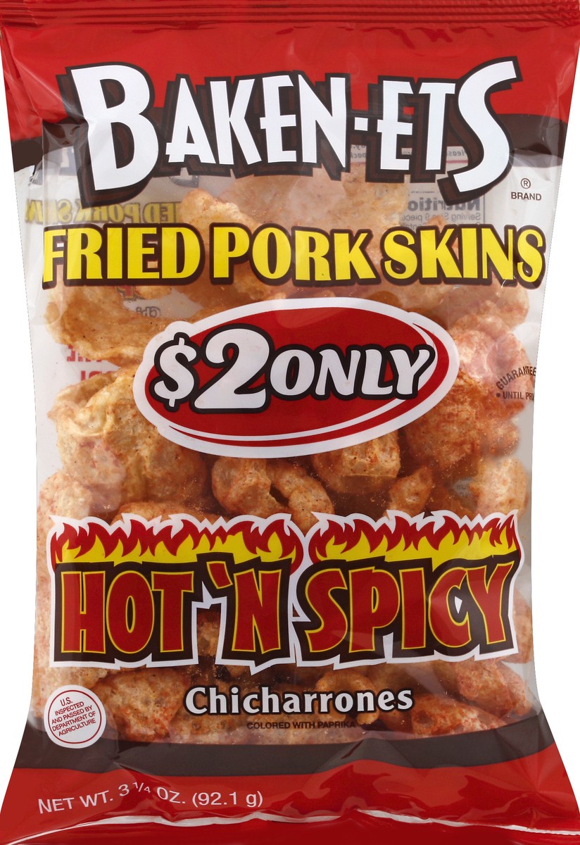 slide 5 of 6, BAKEN-ETS Pork Skins, Fried, Chicharrones, Hot 'N Spicy, 3.75 oz