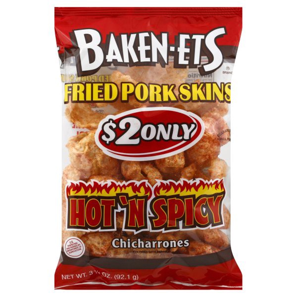 slide 1 of 6, BAKEN-ETS Pork Skins, Fried, Chicharrones, Hot 'N Spicy, 3.75 oz