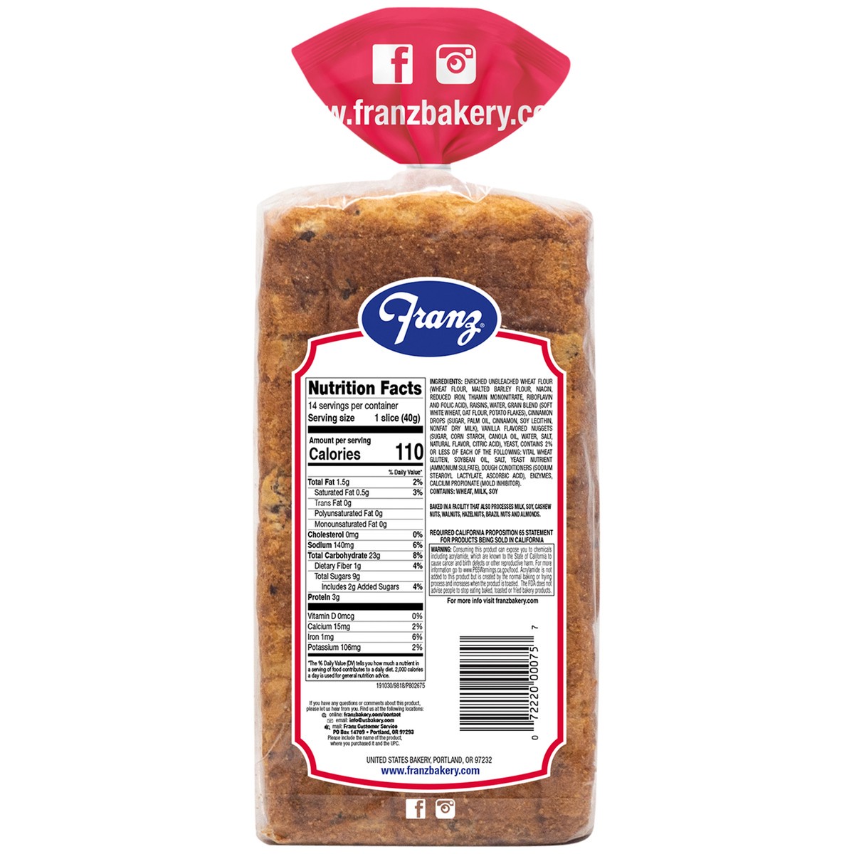 slide 6 of 10, Franz Napa Valley Raisin Vanilla Breakfast Bread 20oz, 20 oz