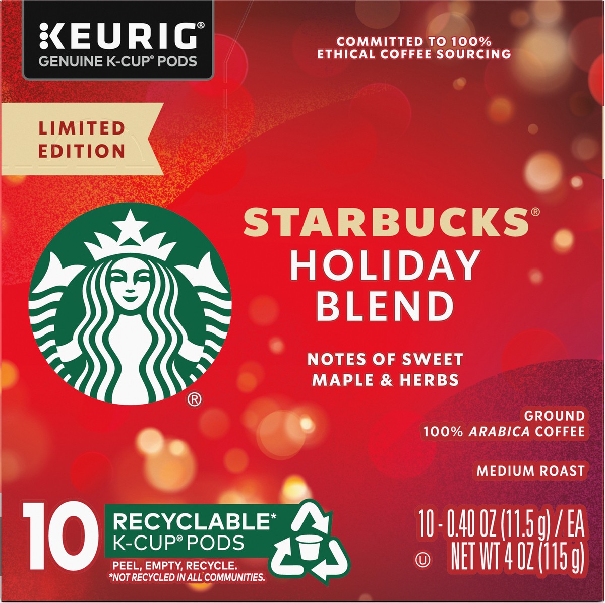 slide 6 of 13, Starbucks K-Cup Coffee Pods, Medium Roast Coffee for Keurig Brewers, Holiday Blend, 100% Arabica, Limited Edition Holiday Coffee, 1 Box (10 Pods), 10 ct