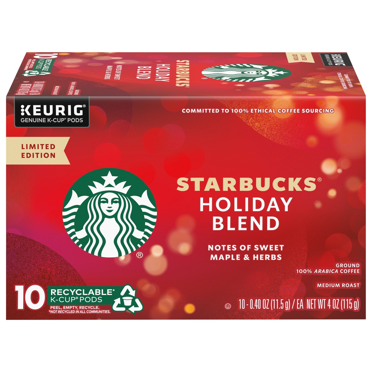 slide 11 of 13, Starbucks K-Cup Coffee Pods, Medium Roast Coffee for Keurig Brewers, Holiday Blend, 100% Arabica, Limited Edition Holiday Coffee, 1 Box (10 Pods), 10 ct