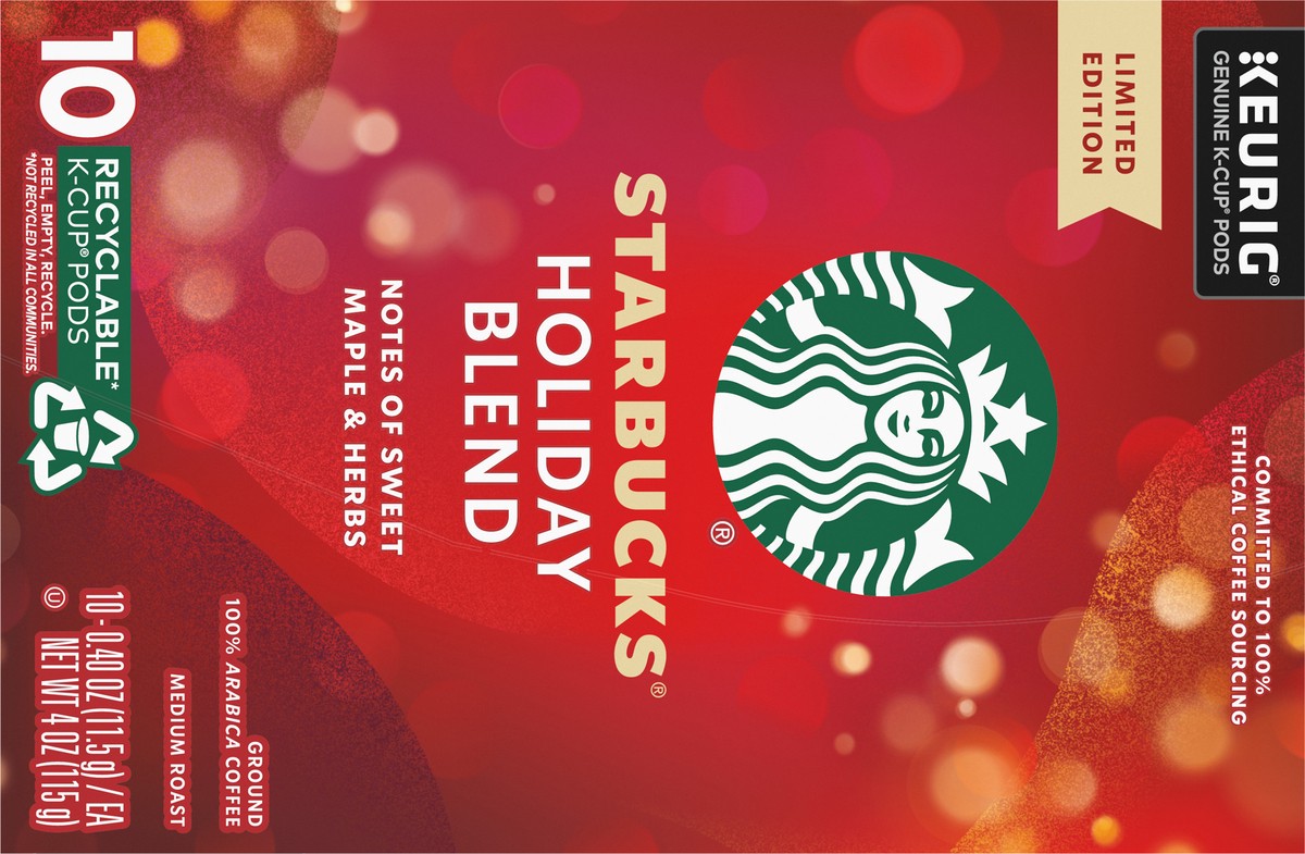 slide 5 of 13, Starbucks K-Cup Coffee Pods, Medium Roast Coffee for Keurig Brewers, Holiday Blend, 100% Arabica, Limited Edition Holiday Coffee, 1 Box (10 Pods), 10 ct