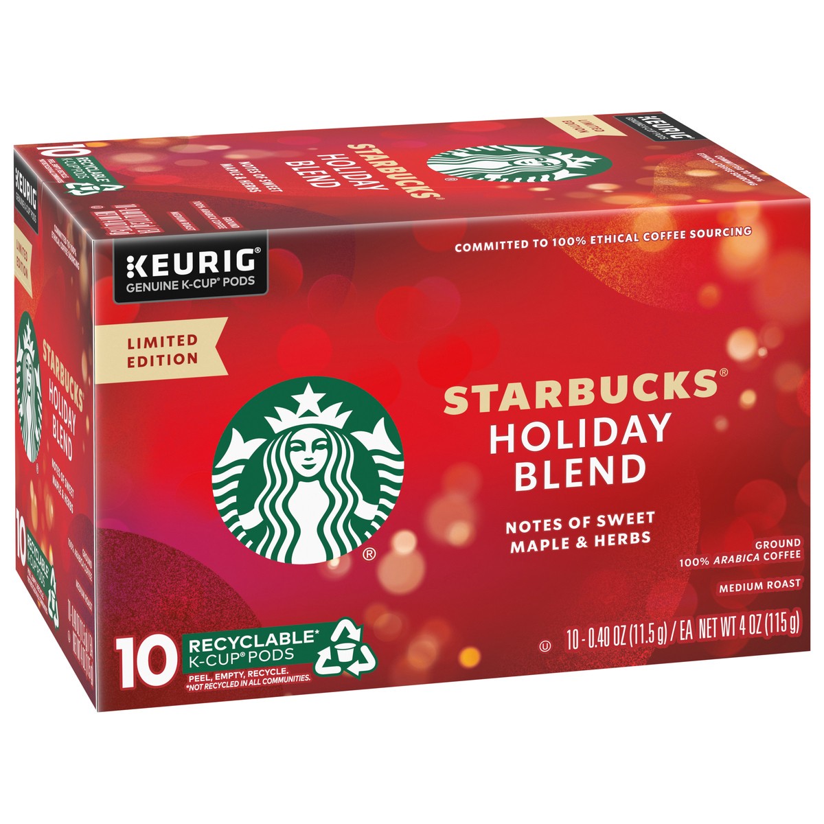 slide 13 of 13, Starbucks K-Cup Coffee Pods, Medium Roast Coffee for Keurig Brewers, Holiday Blend, 100% Arabica, Limited Edition Holiday Coffee, 1 Box (10 Pods), 10 ct