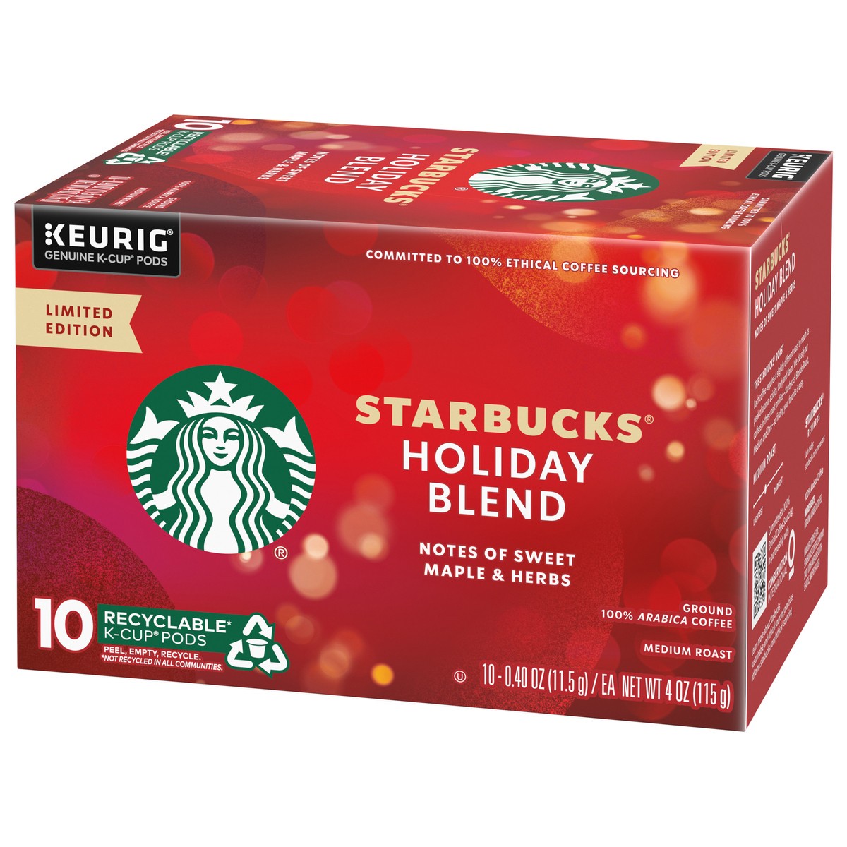 slide 8 of 13, Starbucks K-Cup Coffee Pods, Medium Roast Coffee for Keurig Brewers, Holiday Blend, 100% Arabica, Limited Edition Holiday Coffee, 1 Box (10 Pods), 10 ct