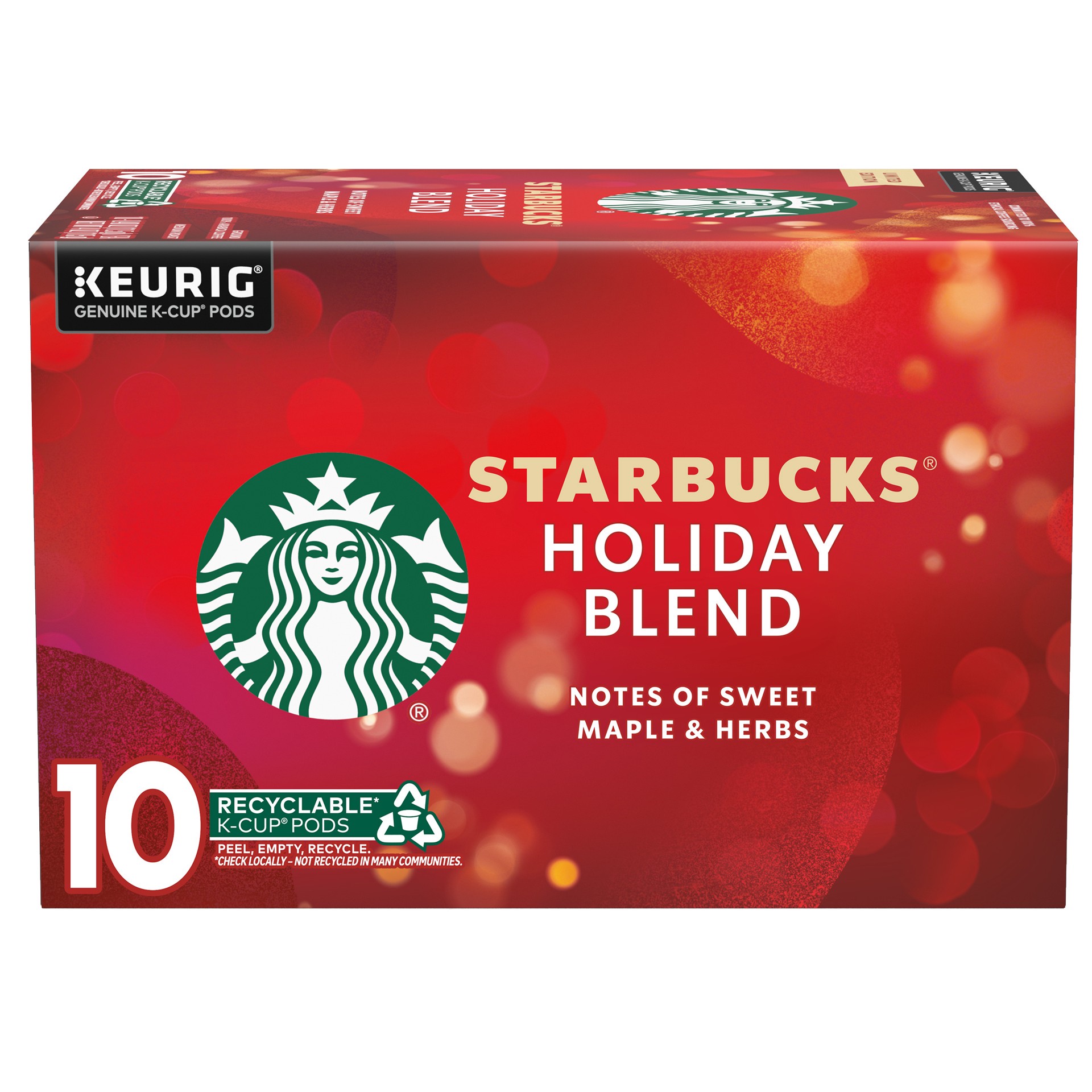 slide 1 of 13, Starbucks K-Cup Coffee Pods, Medium Roast Coffee for Keurig Brewers, Holiday Blend, 100% Arabica, Limited Edition Holiday Coffee, 1 Box (10 Pods), 10 ct