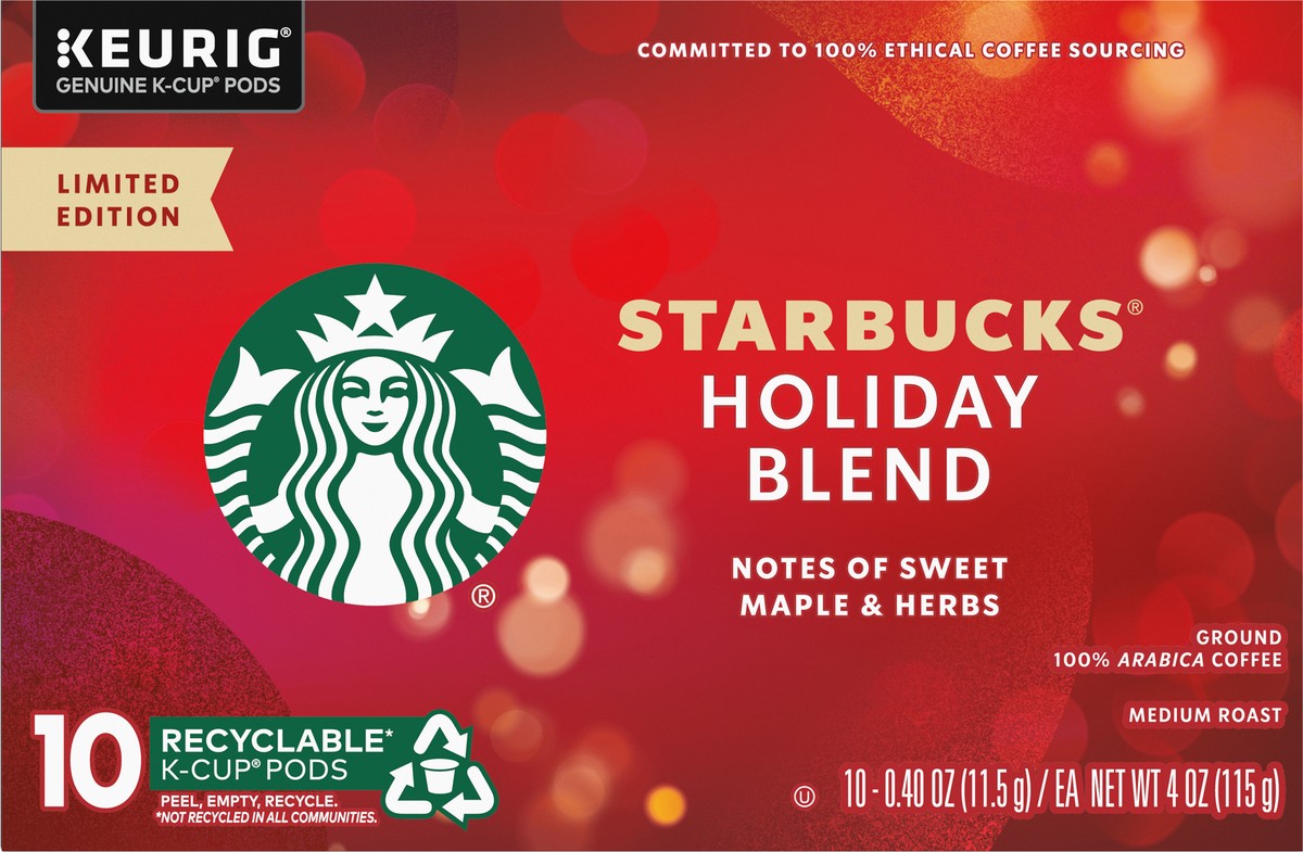 slide 1 of 13, Starbucks K-Cup Pods Medium Roast Ground Holiday Blend Coffee 10 - 0.40 oz ea, 10 ct