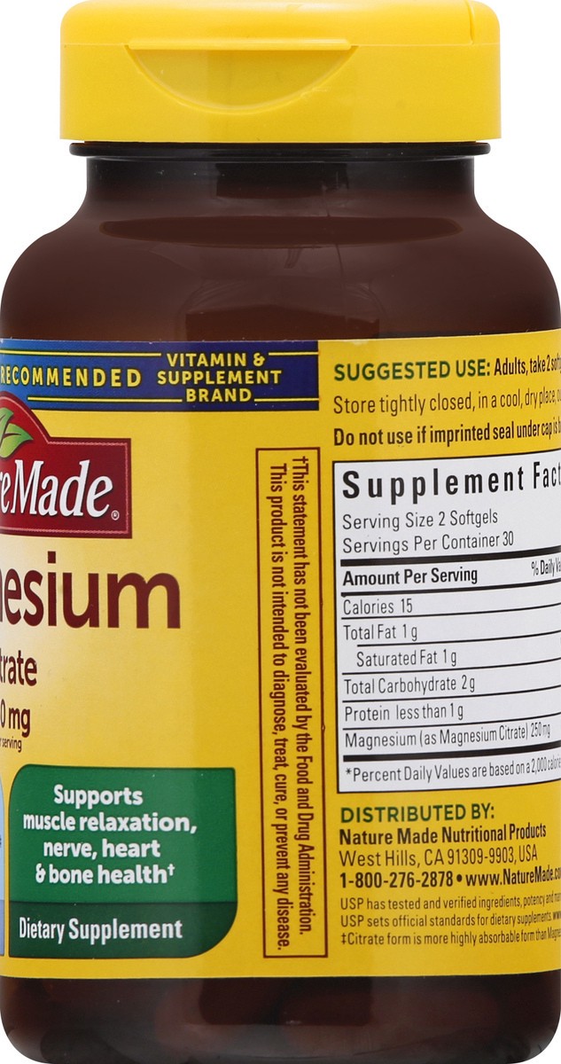 slide 2 of 12, Nature Made Magnesium Citrate 250 mg per serving, Magnesium Supplement for Muscle, Nerve, Bone and Heart Support, 60 Softgels, 30 Day Supply, 60 ct