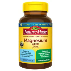 Nature Made Magnesium Citrate 250 mg per serving, Magnesium Supplements for Men and Women, Supports Muscle, Nerve, Bone and Heart, 60 Softgels, 30 Day Supply