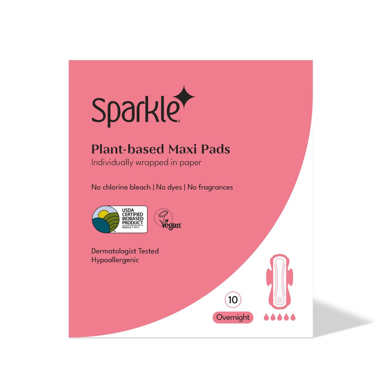 slide 1 of 1, Sparkle Plant-Based Maxi Pads, Overnight, 10 Ct, 10 ct