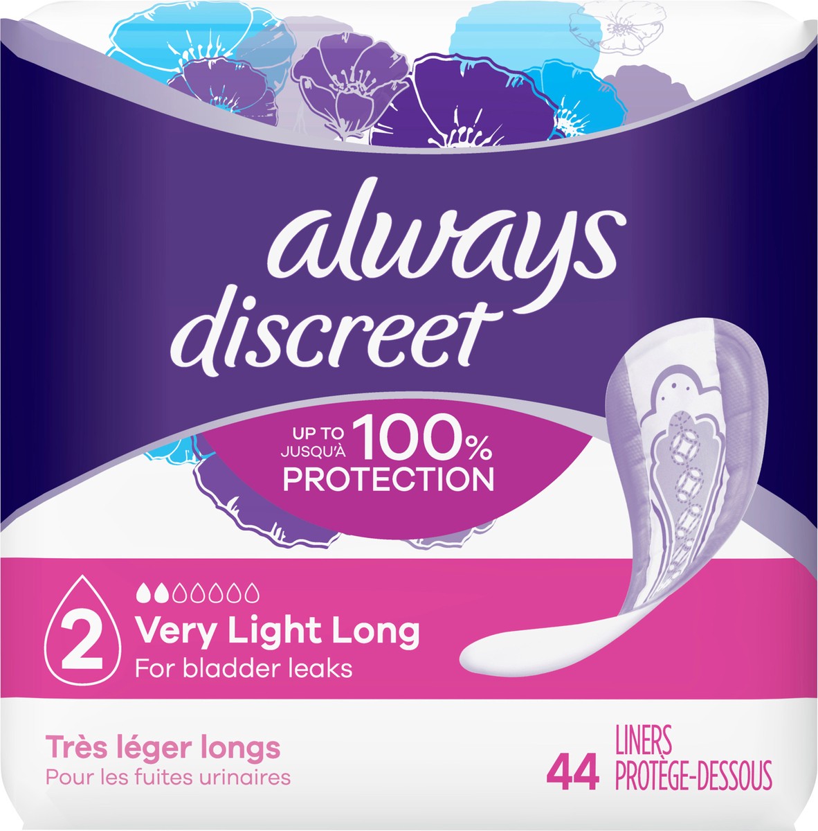 slide 2 of 4, Always Discreet Incontinence Liners, Very Light Absorbency, Long Length, 44 CT for bladder leaks, 44 ct