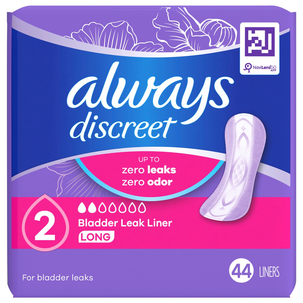 slide 1 of 4, Always Discreet Incontinence Panty Liners for Bladder Leaks, Size 2, Very Light Absorbency, Long Length, 44 CT, 44 ct