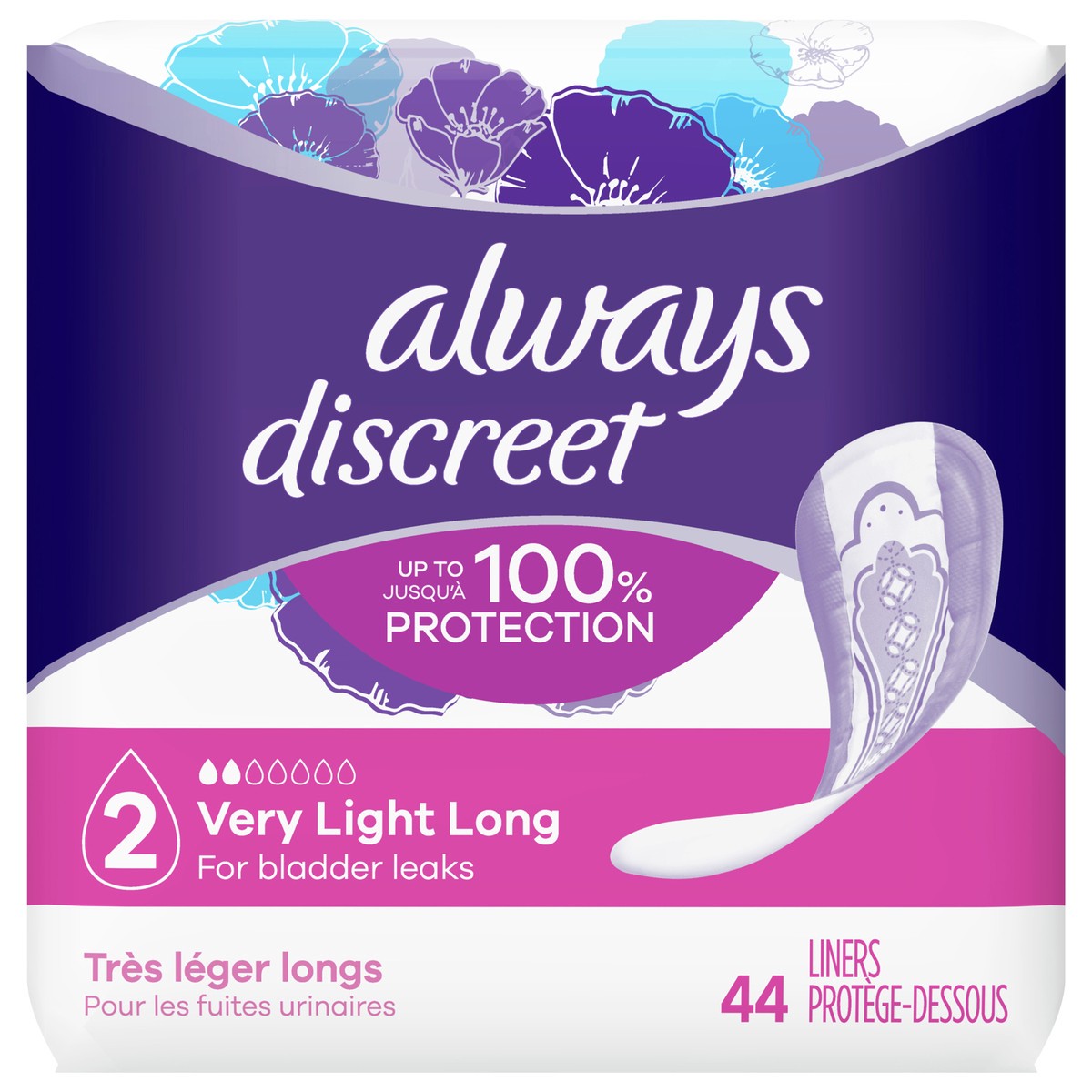 slide 1 of 4, Always Discreet Incontinence Liners, Very Light Absorbency, Long Length, 44 CT for bladder leaks, 44 ct