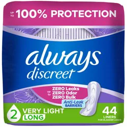 Always Discreet Incontinence Panty Liners for Bladder Leaks, Size 2, Very Light Absorbency, Long Length, 44 CT