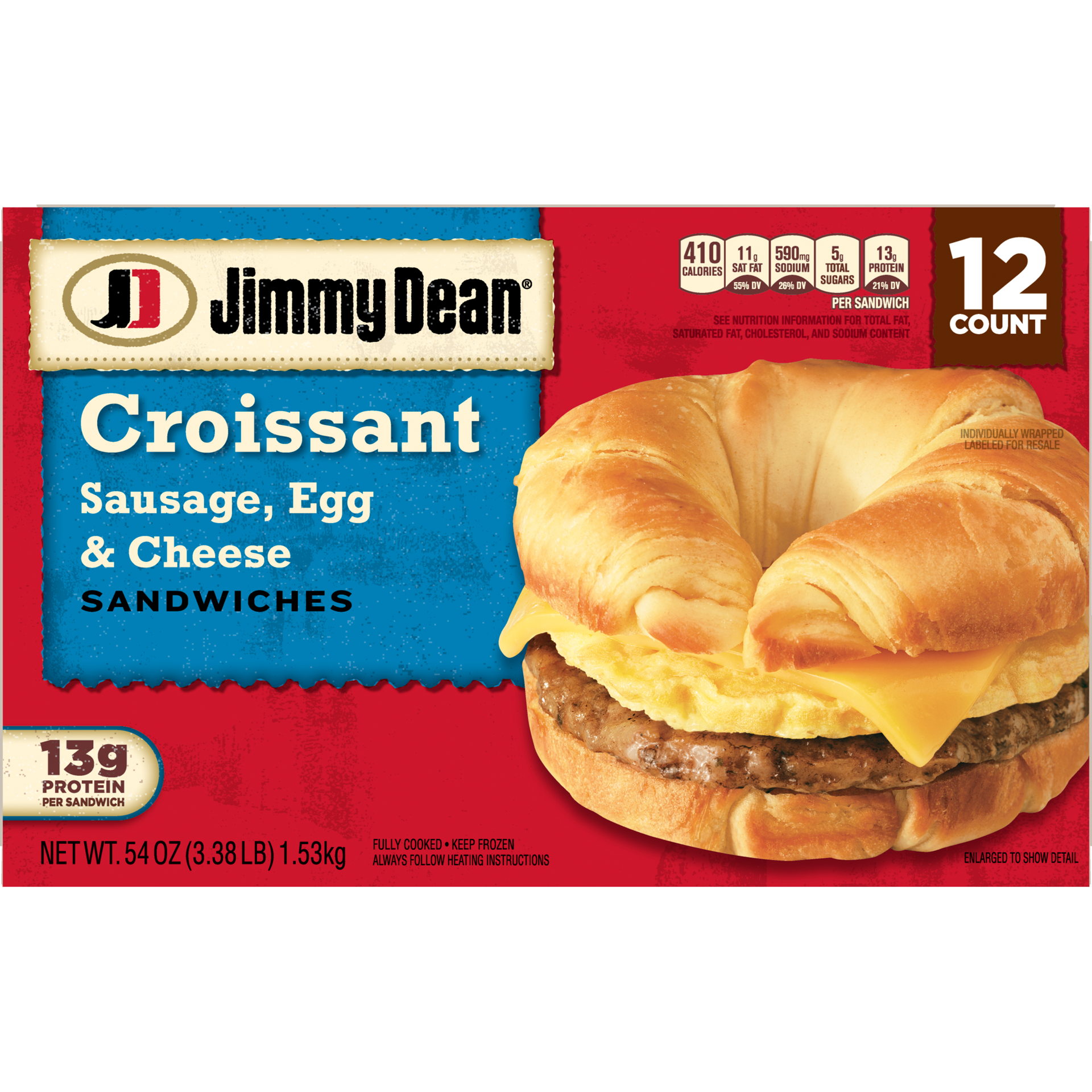 slide 10 of 10, Jimmy Dean Croissant Breakfast Sandwiches with Sausage, Egg, and Cheese, Frozen, 12 Count, 12 ct