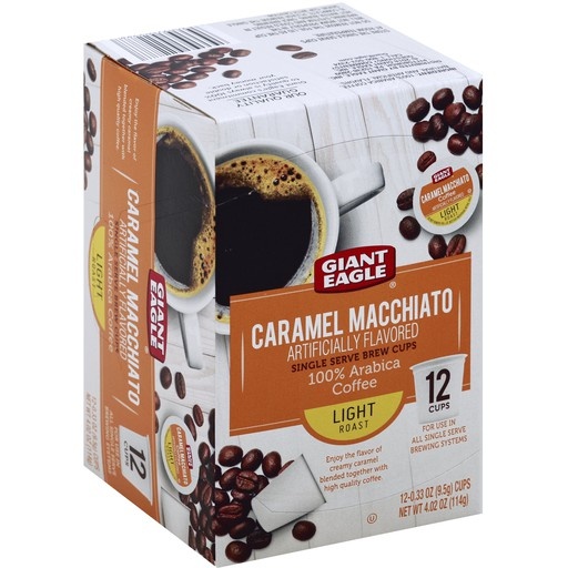 slide 1 of 1, Giant Eagle Coffee, 100% Arabica, Light Roast, Caramel Macchiato, Single Serve Brew Cups, 12 bc