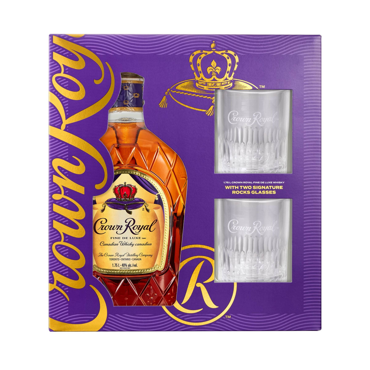 slide 1 of 9, Crown Royal Fine De Luxe Blended Canadian Whisky, 1.75 L Bottle with Two Signature Rocks Glasses, 1.75 liter