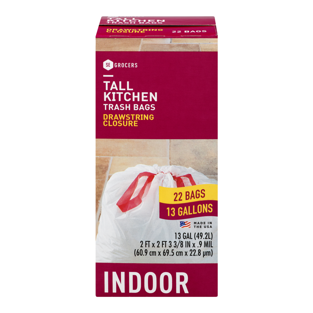 slide 1 of 1, SE Grocers Tall Kitchen Trash Bags Drawstring Closure Indoor, 22 ct