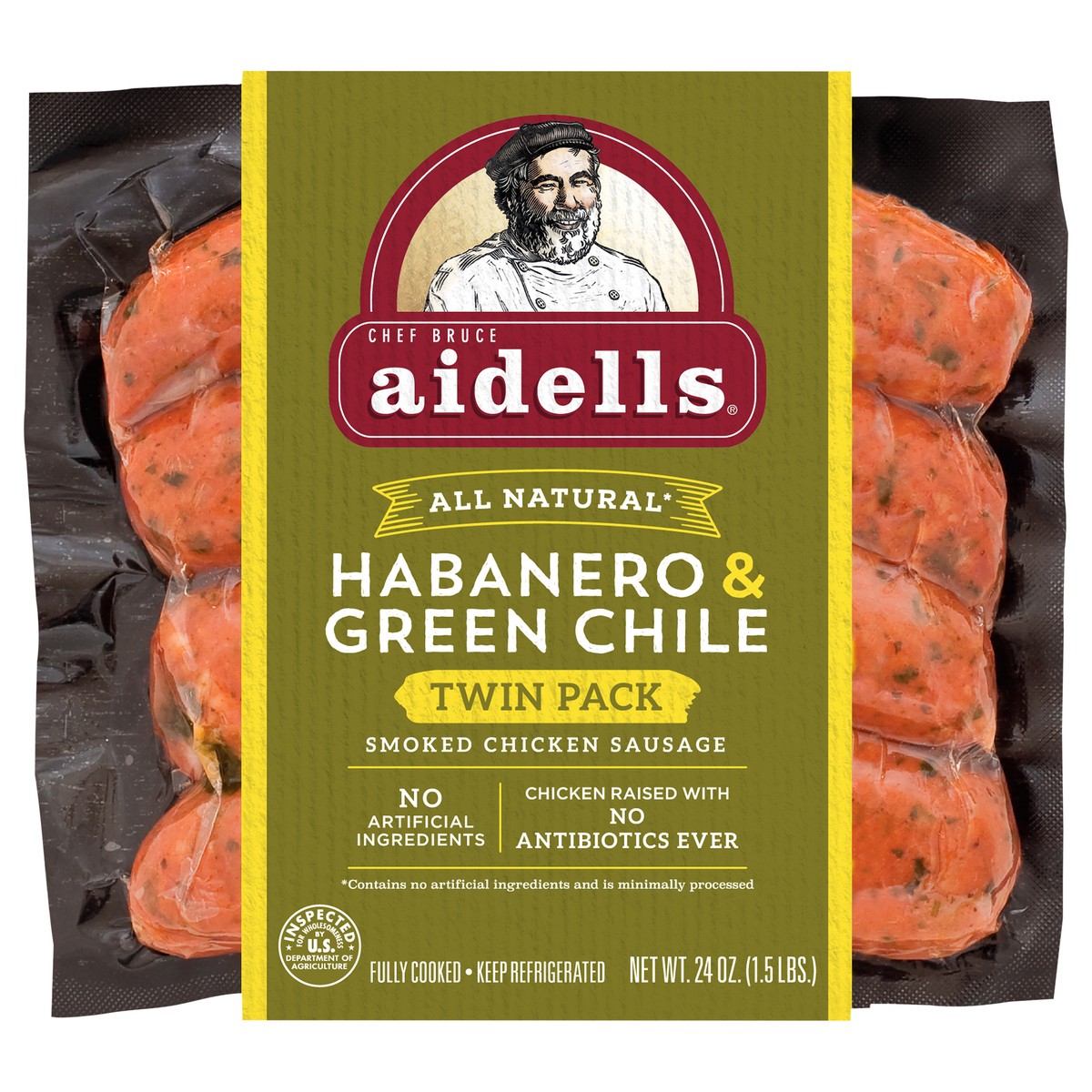 slide 1 of 8, Aidells Smoked Chicken Sausage, Habanero & Green Chile, Twin Pack, 24 oz. (8 Fully Cooked Links), 680.39 g
