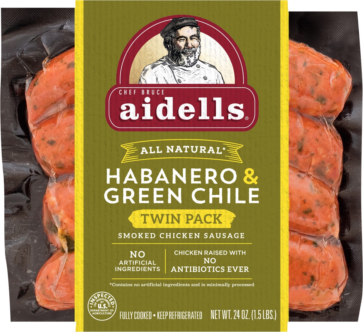 slide 5 of 8, Aidells Smoked Chicken Sausage, Habanero & Green Chile, Twin Pack, 24 oz. (8 Fully Cooked Links), 680.39 g
