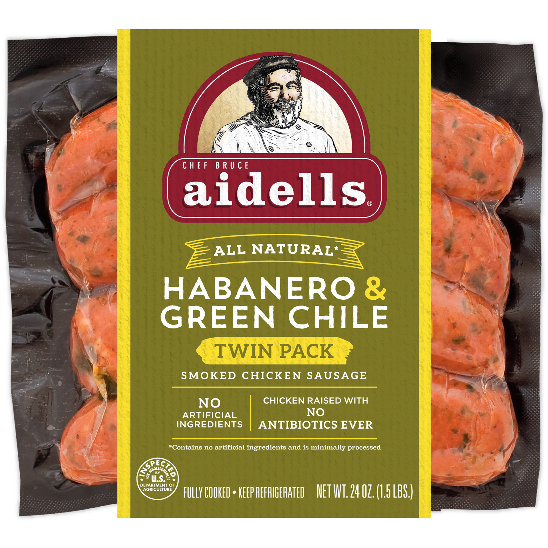 slide 1 of 8, Aidells Smoked Chicken Sausage, Habanero & Green Chile, Twin Pack, 24 oz. (8 Fully Cooked Links), 680.39 g