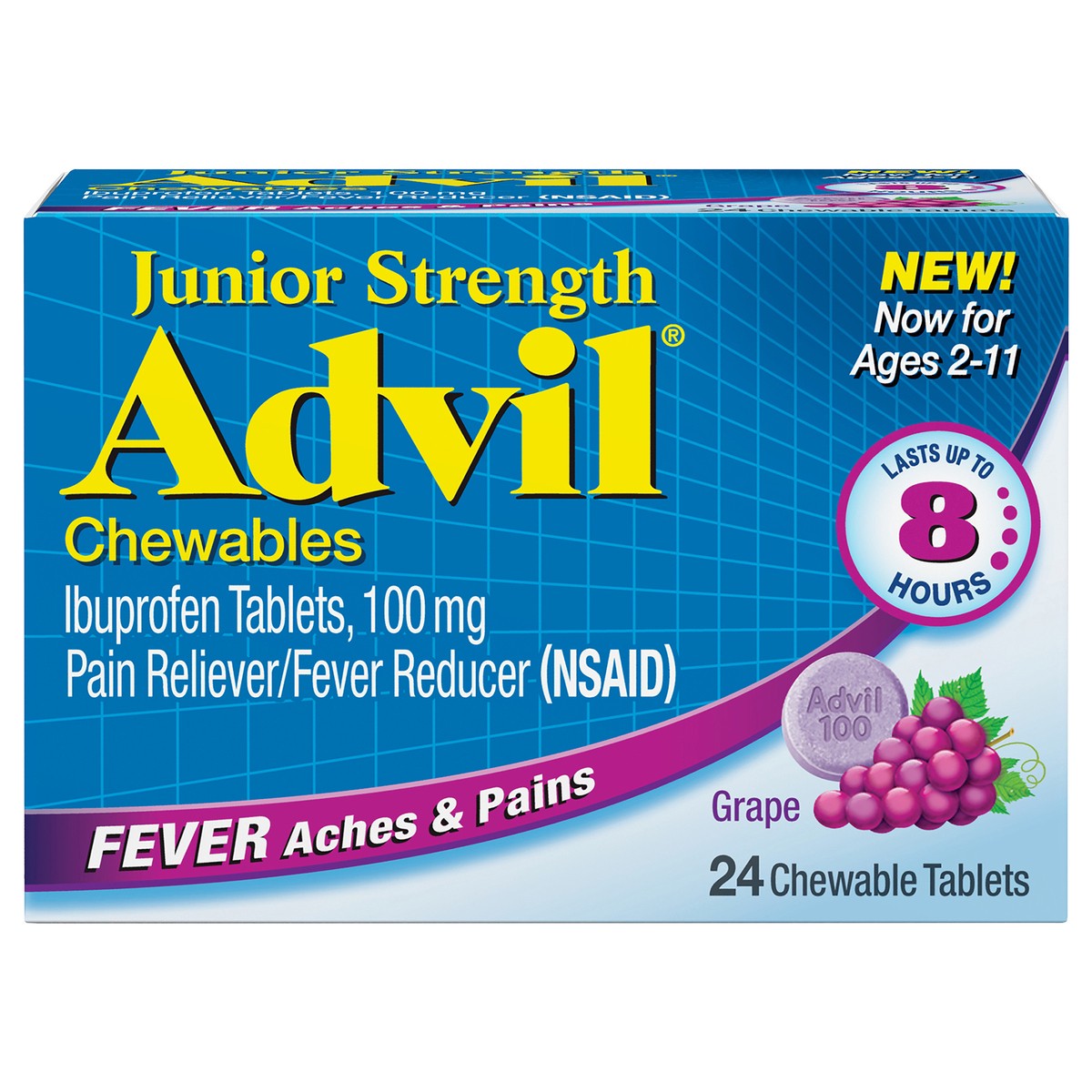 slide 1 of 12, Advil Junior Strength Grape Flavored Chewable Tablets, 24 ct