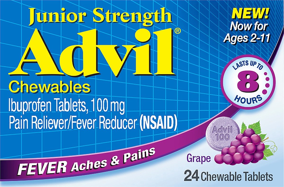 slide 3 of 7, Advil Junior Strength Pain Reliever and Fever Reducer, Chewable Children's Ibuprofen for Pain Relief, Grape - 24 Tablets, 24 ct