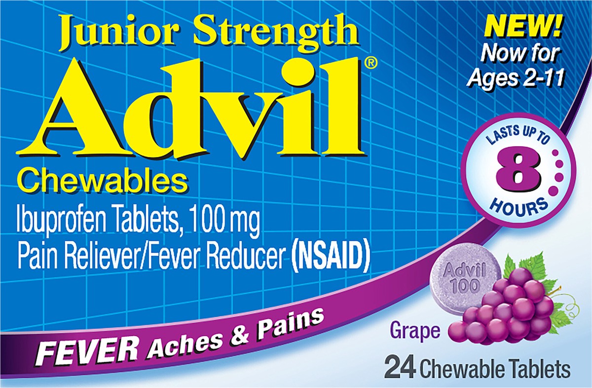 slide 7 of 12, Advil Junior Strength Grape Flavored Chewable Tablets, 24 ct