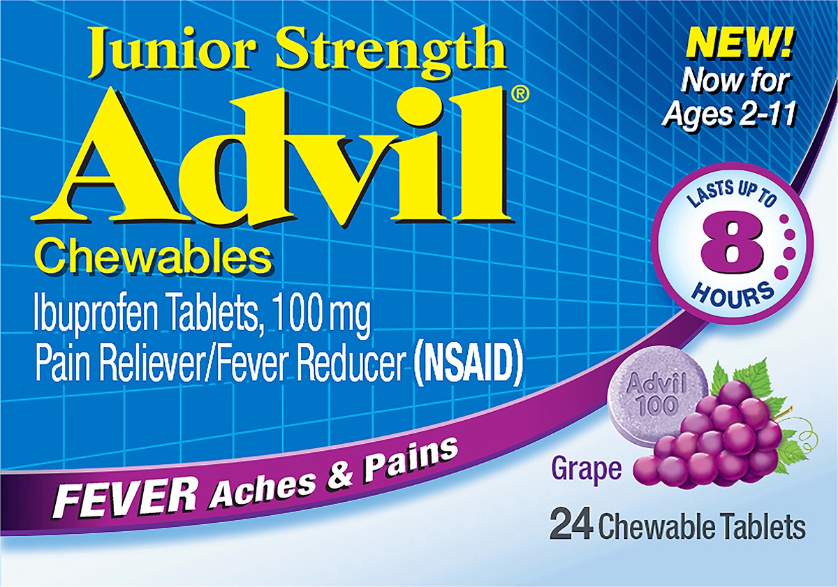slide 6 of 7, Advil Junior Strength Pain Reliever and Fever Reducer, Chewable Children's Ibuprofen for Pain Relief, Grape - 24 Tablets, 24 ct