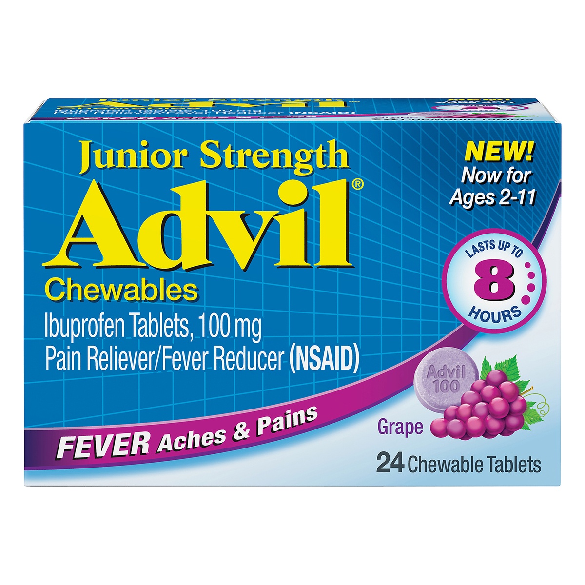 slide 1 of 7, Advil Junior Strength Pain Reliever and Fever Reducer, Chewable Children's Ibuprofen for Pain Relief, Grape - 24 Tablets, 24 ct