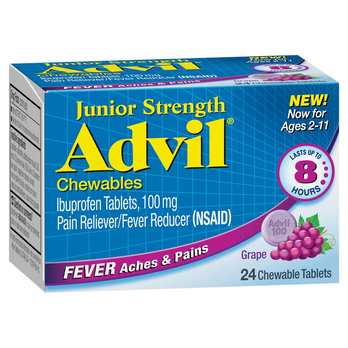 slide 12 of 12, Advil Junior Strength Grape Flavored Chewable Tablets, 24 ct