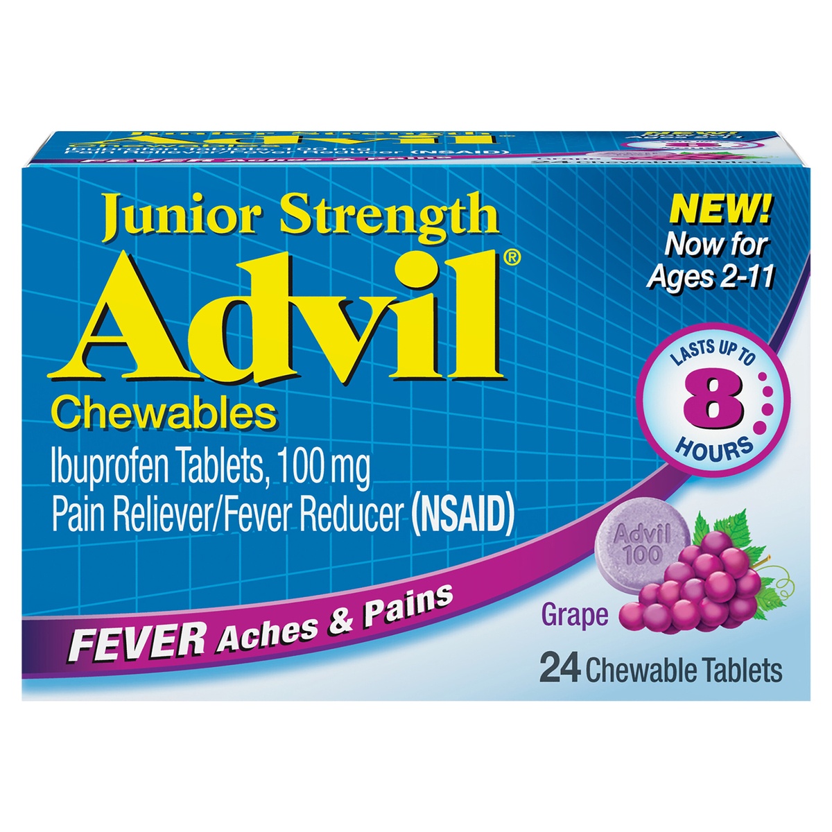 slide 1 of 7, Advil Junior Strength Grape Flavored Chewable Tablets, 24 ct