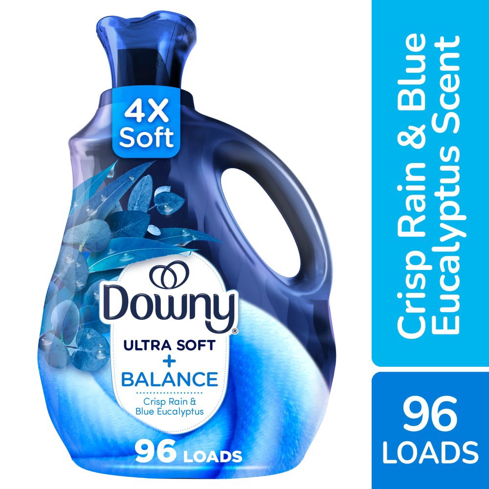 slide 5 of 6, Downy Ultra Soft Fabric Softener Liquid, Balance, Crisp Rain and Blue Eucalyptus, 64 fl oz, 96 Loads, 64 fl oz