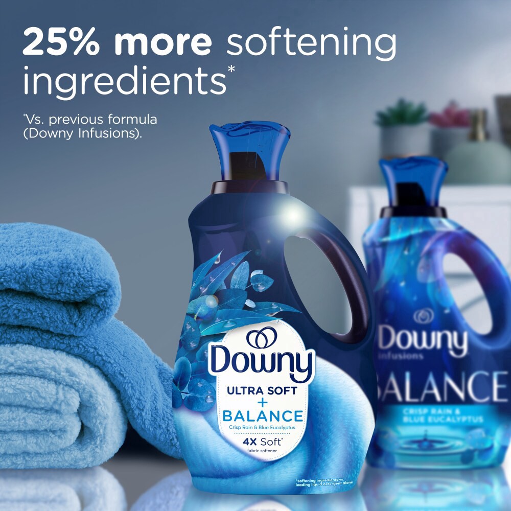 slide 3 of 6, Downy Ultra Soft Fabric Softener Liquid, Balance, Crisp Rain and Blue Eucalyptus, 64 fl oz, 96 Loads, 64 fl oz