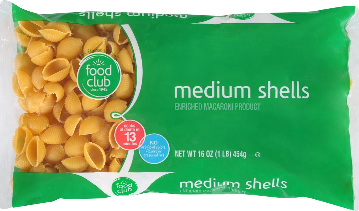 slide 9 of 10, Food Club Enriched Macaroni Product, Medium Shells, 16 oz