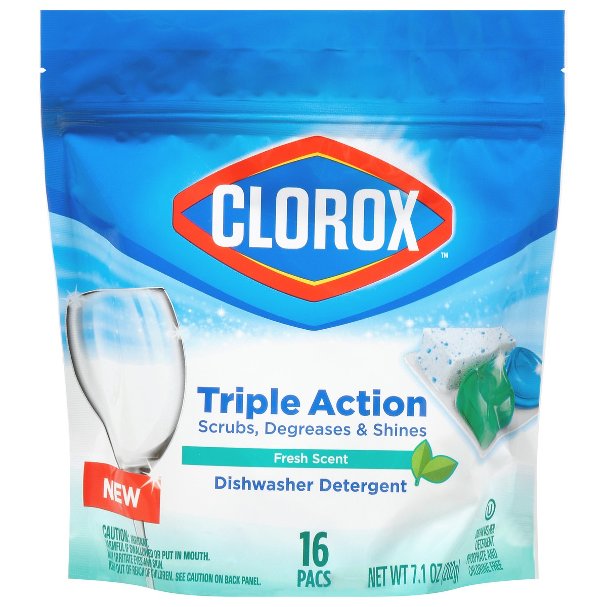 slide 1 of 1, Clorox Triple Action Fresh Scent Dishwasher Detergent Pacs, 16 ct
