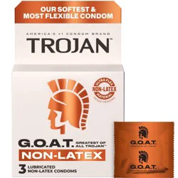 Trojan G.O.A.T. Latex-Free Lubricated Condoms for Men, Patent Pending Ultra Flex Non-Latex Material, Soft, Strong, Odorless & Colorless, 3 Count