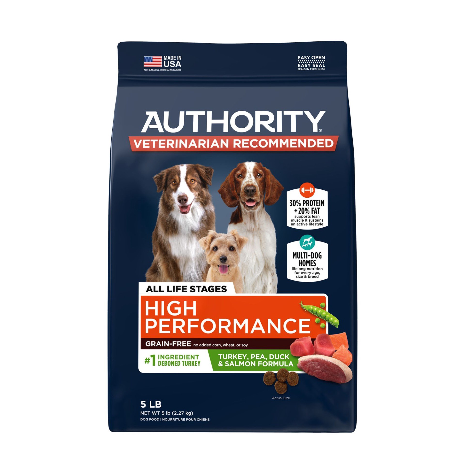 slide 1 of 1, Authority Everyday Health High Performance All Life Stage Dry Dog Food - Turkey, Salmon & Duck, 5 lb