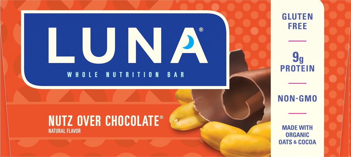 slide 8 of 12, LUNA Bar - Nutz Over Chocolate Flavor - Gluten-Free - Non-GMO - 7-9g Protein - Made with Organic Oats - Low Glycemic - Whole Nutrition Snack Bars - 1.69 oz. (15 Count), 25.35 oz