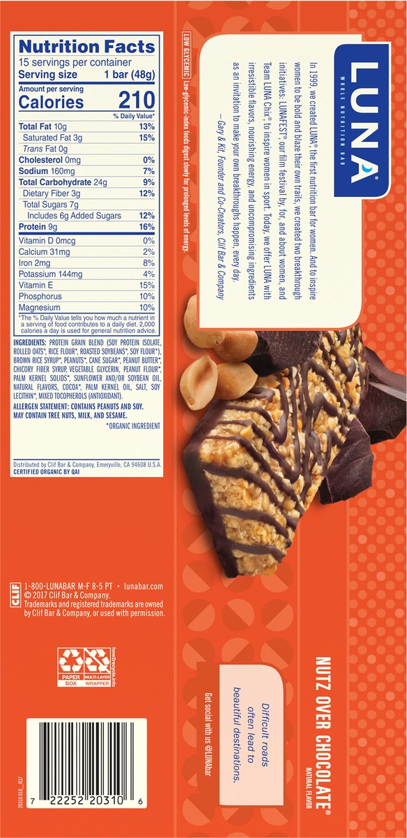 slide 12 of 12, LUNA Bar - Nutz Over Chocolate Flavor - Gluten-Free - Non-GMO - 7-9g Protein - Made with Organic Oats - Low Glycemic - Whole Nutrition Snack Bars - 1.69 oz. (15 Count), 25.35 oz