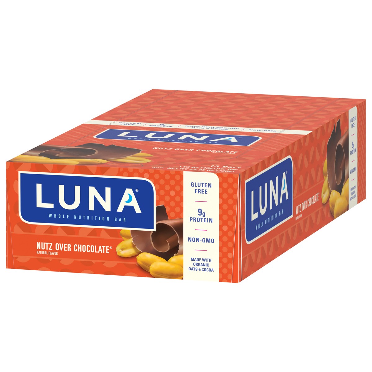 slide 5 of 12, LUNA Bar - Nutz Over Chocolate Flavor - Gluten-Free - Non-GMO - 7-9g Protein - Made with Organic Oats - Low Glycemic - Whole Nutrition Snack Bars - 1.69 oz. (15 Count), 25.35 oz