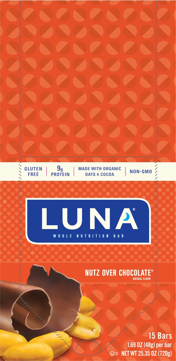 slide 9 of 12, LUNA Bar - Nutz Over Chocolate Flavor - Gluten-Free - Non-GMO - 7-9g Protein - Made with Organic Oats - Low Glycemic - Whole Nutrition Snack Bars - 1.69 oz. (15 Count), 25.35 oz